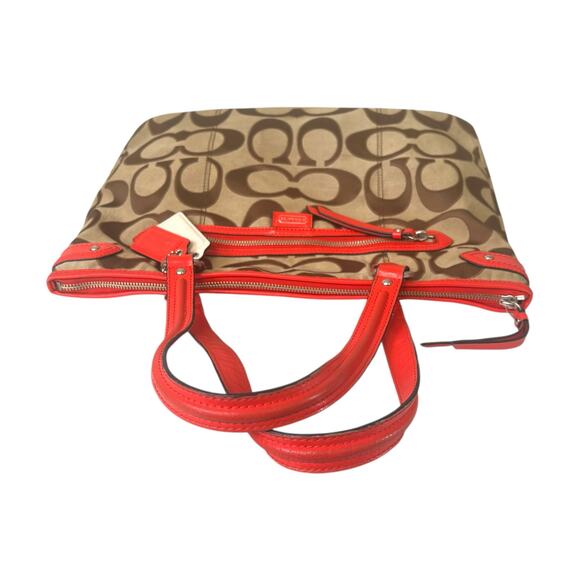 Coach Daisy Outline Signature Emma Tote Bag Khaki Orange Red Leather F24066 - Picture 7 of 13